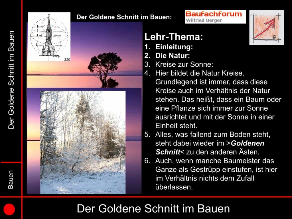 Bauen im Einklang mit der Natur:
Wenn wir den Text der Folie vor verstanden haben, erkennen wir, dass das Leben mit dem Goldenen Schnitt nicht eine Frage der Menschen ist, sondern eine Frage der Natur. Denn der Mensch, ist nicht jemand der die Natur achtet, sondern immer Handlungen gegen die Natur vornimmt. Wenn er auch meint er würde für die Natur sprechen und handeln. 
Ein Beispiel:
2022 -2025 hat eine Ampel Regierung unter dem großen Einfluss der Grünen Partei versucht, für die Umwelt bessere Verhältnisse zu schaffen. Dabei wurde beispielsweise ein diktatorisches Heizungsgesetz ins Leben gerufen, bei dem Wärmepumpen zur Zielsetzung eines jeden Haushaltes zählen. 
Es wurden im Haushalt 2025 wieder extrem hohe Gelder für den Erhalt der Umwelt eingesetzt. Also nach jetzt 3 Jahren Ampelregierung die Energiewerte in Deutschland so groß sein müssten, daß ein Anteil an der Umwelt verbessert und dadurch auch die Umwelt geschont worden hätte müssen.
Pressemeldung 02.05.2025:  
Die Statistiken sagen dabei etwas anderes:
Deutschlands Ressourcenbilanz fällt 2025 schlecht oder besser gesagt extrem schlecht aus. Umweltverbände fordern deshalb, dass diese Richtung zum Schutz der Umwelt nicht mehr weitergeführt werden darf. 
Nach den Berechnungen von Non-Profit-Organisation Global Footprint Network hat Deutschland bereits am 3. Mai 2025 seine gesamten möglichen Ressourcenmengen verbraucht, die eigentlich für das gesamte Jahr zum Verbrauch zur Verfügung standen. Dabei sprechen wir vom sogenannten Erdüberlastungstag für Deutschland aus der Statistik, der wie 2024 am 2. Mai eingetreten ist erneut aus der Umwelt- und Wirtschaftspolitik in ein katastrophales Defizit der Umweltbelastung geführt hat. 
Wir erkennen:
Immer dort, wo sich der Mensch in irgendetwas einmischt, das mit der Natur zu tun hat, immer das Gegenteil eintritt. Das liegt daran, dass wir die Graue Energie, beispielsweise bei der Wärmepumpen-Politik immer außen vor lassen und nie in die Natur-Ergebnisse mit einfließen lassen. Die Natur macht dies mit dem Goldenen Schnitt nicht und hält sich an Ethik, Leben, Überleben und allem voran an Naturgesetze.
Links zum Thema:
Link zu: Traumtänzerei oder Wirtschaftspolitik?
Link zu: Zentrale Forderungen vom Handwerk oder haben wir Maslow schon vergessen?
Begriffe zum Thema Ressourcenbilanz:
Seminare Unterlagen Lehrmaterial Anschauungsmaterial, Ravensburg, Business Development, Elektroautos, Stress, Energie, Fernstudium, Strahlung.

Einfach das Bild anklicken und Ihr kommt auf ein spannendes Video vom BauFachForum meist zur Sache direkt. Dabei verlasst Ihr das BauFachForum und kommt auf unsere YouTube Seite.
Im Video seht ihr den schrecklichen Reaktorunfall aus Tschernobyl aus dem Lehrthema vom BauFachForum, BauFachForum Wilfried Berger. Die ganze Weltbevölkerung kann mit Leben auf der Erde nicht einen solchen Umweltschaden anrichten, wie die Herrschenden unserer Welt.      
