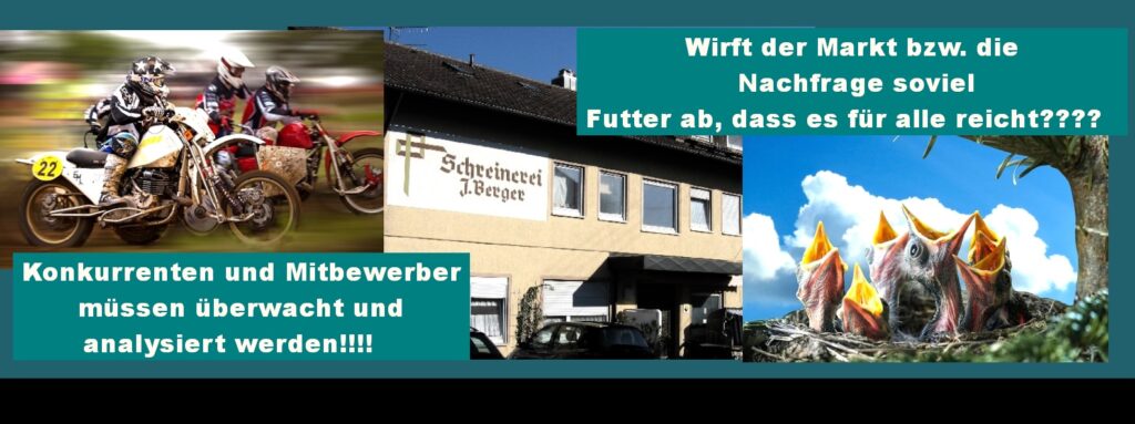 Die Konkurrenz: Mitbewerber müssen analysiert und überwacht werden. Ist die Konkurrenz zu stark müssen andere Wege im Geschäftsplan gefunden werden. Erste gewonnene Preisarbeit Handwerk: Die Konkurrenz: Mitbewerber müssen analysiert und überwacht werden. Erst mit dem Erfassen der Konkurrenz, kann im Geschäftsplan ausgesagt werden, ob er durchsetzbar ist.