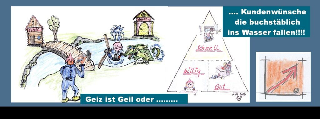 Keine Kompromisse im Bauwesen!!!!
Natürlich haben Kunden Wünsche. Allerdings steht immer in Frage, ob die Handwerker und die Baumeister diese auch erfüllen können?
Die Kunden haben immer 3 Wünsche:
Schnell, billig und gut.
Die Realität für die Kunden:
Diese kann nur so aussehen:
Schnell und billig = dann aber nicht gut.
Billig und gut dann aber = nicht schnell.
Gut und schnell dann aber = nicht billig.
Und das ist letztendlich die Formel für den Bauschaden. 
Geiz kann wohl Geil sein, kann aber wie an unserem Comic zu erkennen auch mächtig in die Hose gehen.
Begriffe zum Thema Realität:  
BauFachForum die Seite des Bauens, Realität, Traum, Symbole, Wahrnehmung, Fantasie, Illusion, Instagram, Clipart, Hoffnung, Social media, Spiegelbild, Wunsch, Kinderzeichnung, BauFachForum, Baulexikon Wilfried Berger.
Einfach das Bild anklicken und Ihr kommt auf passende Videos vom BauFachForum.
Dazu verlässt Ihr das BauFachForum und Ihr kommt auf unseren YouTube-Kanal vom BauFachForum. Wenn euch ein Shorts zusagt, könnt Ihr zum ausführlichen Thema weiterklicken.
Erschöpfende Auskünfte findet Ihr unter der Skandalzeitung vom BauFachForum Wilfried Berger.
Videoproduktion: BauFachForum, Baulexikon Wilfried Berger.
www.baufachforum.de     

