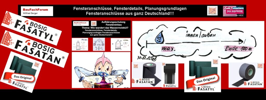 Aus unserer Fenstereinbau-Short-Schulung:
Die Bauphysik im Fenstereinbau:
Wenn wir verstanden haben, dass die Fenstereinbaufuge zwischen Bauwerk und Fensterrahmen nicht durchfeuchtet werden darf, müssen wir mit Fenstereinbaumembranen dafür sorgen, dass die Feuchtigkeit nach dem physikalischen Prinzip nach außen abwandern kann/muss. Denn die Durchfeuchtung oder das Absaufen der Anschlussfuge wäre ein eklatanter Bauschaden!!!
Die Feuchtewanderung:
Naturwissenschaftlich nicht zu vermeiden, ist, dass Wasser in verschiedenen Aggregatszuständen auf unseren Baustellen Wasser vorkommen. Ein Wassermolekül kann in einer Luftsäule naturgemäß wie bereits vorgetragen 100 m wandern. Danach kann es nicht mehr weiterwandern.
Das müssen wir wissen mit dem  vor vorgetragenen Widerstandskoeffizient cW oder auch W für Widerstand. Also, alle Baumaterialien in der Wanderung des Wassermoleküls in der Luftsäule von Widerständen gehindert werden können. Damit, die 100 m wider das Maß aller Grundlagen der Physik ist.
Was ist Bauphysik?
Da muss jetzt auch mal ein Irrtum aufgeklärt werden. Es gibt keine Bauphysik. Es gibt nur die Naturwissenschaftliche Physik. 
Wie vor mit dem Goldenen Schnitt vorgetragen, wenn der Autor das schwäbisch ausdrücken darf, scheißt sich das Wassermolekül, ob es Naturwissenschaftlich behandelt wird oder bautechnisch!!!   
Also, wie in der Natur, das Wassermolekül wie vor vorgetragen nur eine Grundlage kennt: Wie weit kann ich auf einer Luftsäule reiten, bis ich erschöpft bin. 
Und das ist das Geheimnis der Physik. 
Aber, nehmen wir doch einfach einmal eine Grundlage der Natur. 
Beispiel aus der Natur:
Wenn eine Henne ein Ei gelegt hat und das Ei befruchtet ist, müssen wir naturwissenschaftlich davon ausgehen, dass aus dem Ei ein Küken schlüpft.
Das ist der Zug der Welt und die Evolution der Natur der Fortpflanzung. 
Stellt euch jetzt folgendes vor:
Das Ei, wäre aus Schokolade und Kunststoff, wie das in einer Kinderwerbung von einer führenden Schokoladenfirma so den Kindern in der Werbung vorgetragen wird.
Dann würde wissenschaftlich aus der Physik heraus das Küken sterben. Besser gesagt es würde an Kondensat in seinem Ei ersaufen. Da brauchen wir nicht über Fruchtwasser und Evolution diskutieren. Da würde das Kondensat alles Leben zerstören!!! 
So dumm ist die Natur nicht!!!
Das Ei aus der Natur ist ein Gebilde in einem frühen Stadium der Ontogenie eines Eis. 
Das heißt, dass die Tiere, die ein Ei legen, was wir in der Wissenschaft als Ovipars nennen, aus einer weiblichen Keimzelle entsteht. 
Was ist eine Keimzelle des Bauschadens?
Hier im Beispiel gibt es ein kleines Küken.
Dabei wird aus der Oogenese der Eizelle Nährstoffe und die schützende Schale gebildet. Daraus entwickelt sich dann der Embryo des kleinen Kükens.
War das Huhn vor dem Ei da?
Eine Diskussion die immer gegenwärtig ist.
Bei uns geht es nur darum, um was es sich physikalisch und bautechnisch um die Schale des Eis geht?
Naturwissenschaftlich nennt man das, dass das Ei ein Ding ist, das primäre und  sekundäre und tertiäre der Eihüllen unterschieden wird. 
Jetzt enden wir das Thema hier.
Einfach erklärt:
Jedes Ei besteht nicht aus Kunststoff und oder Schokolade. Ein Ei besteht aus Kalk!!!
Erinnern wir uns an das Bauen zurück wissen wir, dass der hydraulisch gebrannte und gelöschte Kalk gerade aus der Natur heraus mit der Karbonatisierung oder aber auch Carbonatisierung einen natürlichen Prozess des Überlebens der Natur einleitet.
Betrachten wir den Beton in der Bewitterung, kann dieser nur das Gleiche erledigen wie das Ei in dem das Küken gebildet wird. Auch Beton bildet Calciumcarbonat aus natürlichen Grundlagen. Dabei ist die Hydratation des Zements die Entstehung von Calzcumhydroxid Ca oder kurz OH2. Damit wird der Beton mit einer hohen Alkalität des Zementsteins mit einem ph-Wert ≥ 12 aus der Natur heraus ausgerüstet.
Ist das Ei jetzt klüger wie wir Baumenschen?
Das ist jetzt die Frage mit alle den Warnungen des Autors gegenüber der Menschen und der Natur.
Das Küken überlebt in einem Ei. Wir Menschen ersaufen in unseren Bausubstanzen!!! 
Einfach das Bild anklicken und Ihr kommt auf passende Videos vom BauFachForum. Dazu verlässt Ihr das BauFachForum und Ihr kommt auf unseren YouTube-Kanal vom BauFachForum. Wenn euch die Shorts zusagen, könnt Ihr zum ausführlichen Thema weiterklicken.
Videoproduktion: BauFachForum, Baulexikon Wilfried Berger. www.baufachforum.de    

