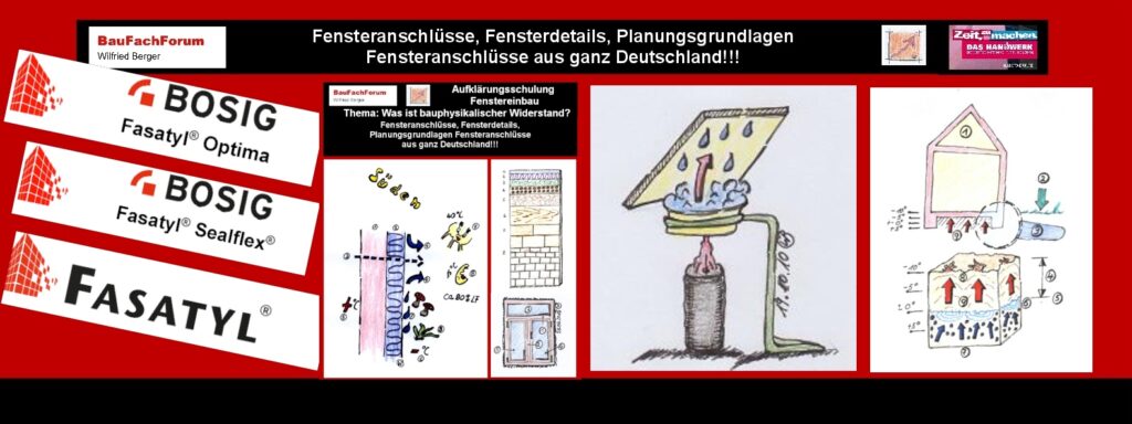 Der Widerstand für das Wassermolekül:
Jetzt müssen wir die Frage klären, was für das Wassermolekül ein Widerstand darstellt. 
Also, alles durch das ein Wassermolekül wandern muss, ist ein Hindernis und hindert die mögliche Wanderung von 100 m. Das heißt, dass jedes Baumaterial die 100 m der Naturwissenschaft der Wassermolekül Wanderung behindert. Membranen für den Fenstereinbau sind jetzt so eingestellt, dass sie gerade auf diese 100 m Wanderweg des Moleküls eingestellt werden. Daher müssen die inneren Membranen einen höheren sd-Wert haben wie die äußere Membrane. Das nennen wir auch den Feuchtewiderstandswert, der in der Bausubstanz zum Taupunkt führen wird.
Der Taupunkt oder was passiert beim Taupunkt?
Wissen müssen wir über den Taupunkt, dass Luft je wärmer sie wird, umso mehr Wassermoleküle in sich aufnehmen kann. Somit die Erwärmung der Luftsäule auch eine größere Aufnahme von Wasser in Form vom Aggregatszustand Dampf möglich macht. Jetzt kommt die Taupunkttemperatur, bei der mit wieder fallenden Temperatur die Luftsäule den Wasserdampf nicht mehr halten kann und ausfällt. Das nennen wir in der Bauphysik wie auch in der Naturwissenschaftlichen Physik, den Sättigungspunkt in der Luftsäule. Somit mit dem Taupunkt 100 % Luftfeuchtigkeit herrschen. Danach wird der Dampf ausgelöst und mit der Abkühlung wird er wieder zu Wasser.
Damit ist der Kreislauf wieder geschlossen. Aus dem Aggregatszustand Dampf wird naturwissenschaftlich der Aggregatszustand Wasser. 
Die Auswirkung zum Bauschaden:
Für den Bauschaden aus dem Taupunkt heraus werden daher nicht lange Schadenszeiten benötigt. Diese entstehen meist schon in der Tag-Nachtwechselwirkung. Und das gerade im Sommer ganz extrem. Hier können unter einem Alu Fensterbank leicht 80 – 90 °C produziert werden, die dabei sehr viel Wasserdampf in der Bausubstanz aufnehmen kann. Kommt dann die Nacht, fällt die Temperatur unterhalb des Metalls extrem auf beispielsweise 13 °C ab. Dieses Ereignis wird bei Glas und Metallen dann noch von der Niederenergetischen Abstrahlung der Materialien an das Weltall mit beeinflusst. Um einfach einmal ein Beispiel der Wassermenge unterhalb einer Alu-Fensterbank in Liter zu definieren, bildet sich unter einer Fensterbank von 1m Länge und 0,30 m Tiefe im Tag-Nachtwechsel ca. 0,25 – 0,5 Liter Wasser. 
Und dieses Wasser darf nach der DIN 4108 Teil 2 nicht in das Bauwerk eindringen, sondern muss kontrolliert abgeführt werden oder eine Rücktrocknungsmöglichkeit erhalten. 
Brüstungsabdichtungen:
Daher sind Brüstungsabdichtungen anderst zu bewerten wie die Laibungs- und Sturzabdichtungen. Hier müssen als Abdichtungsmaßnahmen die Grundlagen der DIN-Normenreihe 18531 – 18535 als Maßstab genommen werden. 
Begriffe zum Thema Taupunkt Fenstereinbau:
Taupunkt Fenstereinbau, Schimmel, Gebäudehülle, Kondenswasser, U Wert, Fensterlaibung, Lüftung, Kompriband, Lüftung, Abdichtung, Dämmung, Gebäude, Lüfter, BauFachForum, Baulexikon Wilfried Berger. 
Einfach das Bild anklicken und Ihr kommt auf passende Videos vom BauFachForum. Dazu verlässt Ihr das BauFachForum und Ihr kommt auf unseren YouTube-Kanal vom BauFachForum. Wenn euch die Shorts zusagen, könnt Ihr zum ausführlichen Thema weiterklicken.
Videoproduktion: BauFachForum, Baulexikon Wilfried Berger. www.baufachforum.de      
