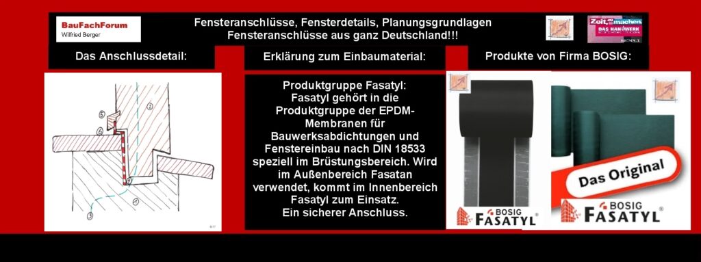 Unterschiedliche Anschluss-Situationen:
Grundlegend haben wir es beim Fenstereinbau mit 3 unterschiedlichen Einbausituationen zu tun. Einmal haben wir es mit dem Brüstungsanschluss zu tun, und dann mit dem Sturz und dem Laibungsanschluss. Dabei müssen wir immer erkennen, dass alle diese Anschlüsse aus der physikalischen Feuchtewanderung auch immer mit einem inneren und äußeren Anschluss gesondert behandelt werden müssen. Eine ganz spezielle Verarbeitungsgrundlage hat der Brüstungsanschluss, der in einer höheren Feuchteklasse angesiedelt ist, wie die beiden anderen Anschlüsse. Hier reden wir nicht mehr von Windlasten, sondern von Wassersäulen, die diese Bänder aus der Wasserbelastung entgegenwirken müssen.  
Begriffe zum Thema Wasserbelastung:
Wasserbelastung, ppt, Trinkwasser, Abdichtung, Bundesumweltamt, Tetra, Leitungswasser, Bauwerksabdichtung, Grundwasser, Umwelt, Gewässer, BauFachForum, Baulexikon Wilfried Berger. 
Einfach das Bild anklicken und Ihr kommt auf passende Videos vom BauFachForum. Dazu verlässt Ihr das BauFachForum und Ihr kommt auf unseren YouTube-Kanal vom BauFachForum. Wenn euch die Shorts zusagen, könnt Ihr zum ausführlichen Thema weiterklicken.
Videoproduktion: BauFachForum, Baulexikon Wilfried Berger. www.baufachforum.de    
