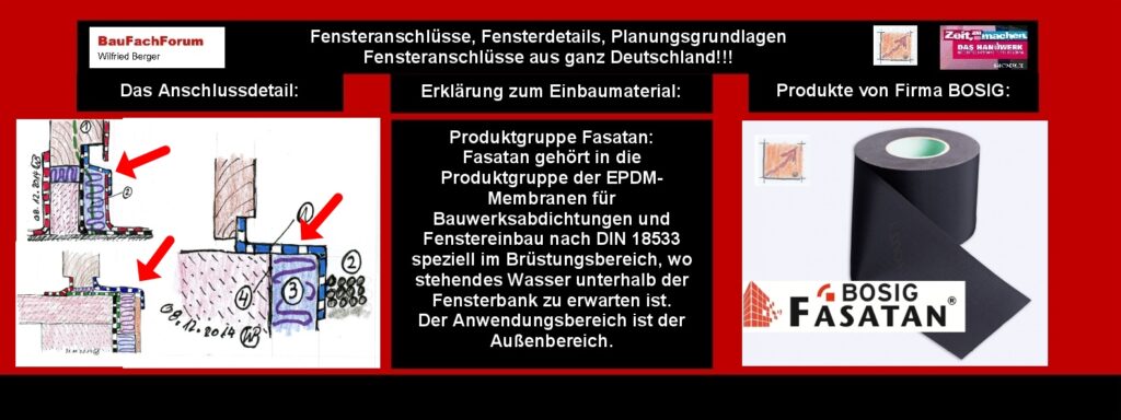 Welche Materialien benötige ich?
Hier sind wir jetzt bereits am ersten Reiz-Thema angekommen, was Planung bedeutet. Denn wir haben es immer mit 2 Materialgrundsätzen zu tun. Einmal mit dem Grundsatz, dass unsere Materialien innerhalb von wenigen Tagen nach dem Fenstereinbau auch bautechnisch auf der Baustelle von den weiteren Gewerken aus dem Wetter genommen werden. Denn Produkte, die lediglich mit einer beispielsweisen 600 Pa Schlagregendichtheit auf den Prüfständen geprüft wurden, können und dürfen nicht einem Regen und Sturmgrundsatz von einem Wochenende ausgesetzt werden.
Um das Witterungsproblem bei den Einbauprodukten besser zu verstehen unsere Schulungs-Folien über Membranen und Witterung. 
Link zu: Witterung und BOSIG-Produkte
Was bedeutet das? 
Alles, was in den Laboren auf Schlagregen geprüft wird, sind lediglich reale Werte unserer natürlichen Bewitterung. Das heißt also, dass dabei lediglich Schlagregen im Minutentakt auf die Produkte einwirken können und dann auch wieder rücktrocknen können. Ist dies nicht der Fall, durchnässen die Produkte und saufen ab. Daher muss jetzt bereits die Planung dahingehen, ihre Gedanken führen, ob wir mit Kompribändern, Membranen aus Zellulose-Stoffen die Ausführung vornehmen. Dazu gehören auch die Produkte, die unter Putz eingeputzt werden können. Alle diese Produkte müssen schnellst möglichst aus dem Wetter genommen werden.
Begriffe zum Thema Fenstereinbau Bänder:
Kompribänder, außen Abdichten, ift Rosenheim, Blendrahmen, RAL Montage, Fenster Bestandteile, Fugendichtband, Kunststofffenster, BauFachForum, Baulexikon Wilfried Berger.
Einfach das Bild anklicken und Ihr kommt auf passende Videos vom BauFachForum. Dazu verlässt Ihr das BauFachForum und Ihr kommt auf unseren YouTube-Kanal vom BauFachForum. Wenn euch die Shorts zusagen, könnt Ihr zum ausführlichen Thema weiterklicken.
Videoproduktion: BauFachForum, Baulexikon Wilfried Berger. www.baufachforum.de    
