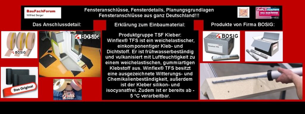 Fugen Einbauprodukte:
Wenn wir jetzt wissen, dass wir ein hohes Wasseraufkommen in den Wohneinheiten oder Aufenthaltsräume der Menschen haben und wissen, dass die anfallende Feuchtigkeit meist von innen nach außen wandern möchte, müssen wir grundlegend unsere Fensteranschlussfuge, wie auch alle anderen Fugen unserer Baustelle auf diese Situation ausrichten. Das heißt, dass wir einmal verhindern müssen, dass aus einer Stresssituation des Feuchteaufkommens übermäßiges Wasser über die Anschlussfuge einmal einwandern und dann weiterwandern kann.
Stresssituation bedeutet, dass immer, die kleinste Fuge, die größte Wasser-Straße im bildlichen Sinne wird. 
Daher wurden Fenstereinbauprodukte entwickelt und produziert. Daher können wir nicht einfach nur lapidar von Bändern sprechen. Diese Bänder, sind Hochleistungsprodukte, wie bereits vorgestellt. Hier handelt es sich um Membranen, was später in der Folge noch erklärt und analysiert wird. 
Entscheidend für den Fenstereinbauer:
Hier sind wir jetzt an den Stresssituationen der Bauphysik angekommen. Stress in der Bauphysik ist, wenn wir nicht gleichmäßig die Feuchtigkeit durch die Bauteile leiten können. Also beispielsweise durch eine Gipskartonplatte mehr Feuchtigkeit durchwandern kann, wie durch eine OSB-Platte beispielsweise. Das nennen wir physikalisch den Widerstandskoeffizient cW oder auch W für Widerstand. Er ist das Maß, um den Luftwiderstand des Körpers zu charakterisieren. Im Labortest erfolgt diese Prüfung in einem Windkanal und wird dort auch ermittelt. Je kleiner der cW Wert ist desto geringer ist der Luftwiderstand.
Wasser und Luft:
Jetzt haben wir aus der Formel der Naturwissenschaft erkennen können, dass das Wasser im inneren eines Gebäudes immer im Zusammenhang mit der Luft zu werten ist. Die Luft selber ist physikalisch gesehen, der Träger der Feuchtigkeit oder des Wassermoleküls. 
Der Blower Door Test im modernen Bauen:
Daher, müssen wir aus der Naturwissenschaft heraus verstehen, dass im modernen energetischen Bauen bei jedem Gebäude ein Blower Door Test vorgenommen werden muss. Ansonsten können auch keine KFW-Gelder und Zuschüsse abgerufen werden. 
Die KfW Bank ist immer noch nach dem veralteten Begriff nach dem 2. Weltkrieg bezeichnet und bedeutet Kreditanstalt für Wiederaufbau. Sie gehört zu einer der führendsten Förderbanken der Welt.
Für Deutschland besagt dies, dass die KFW-Bank festlegt, bei welchen Energiewerten ein Zuschuss ausgezahlt wird.
Dazu gehört somit auch die Luftdichtheit des Gebäudes, damit das Wassermolekül, bildlich vorgetragen auf einer Luftsäule nicht nach außen durch die Bauteile reiten kann.  
Begriffe zum Thema Blower Door Test:
Blower Door Test, Unterdruck, Gebäudehülle, Differenzdruckmessung, Energieausweis, Luftdichtheit, Energieberatung, YouTube, Differenzdruck, Heizung, BauFachForum, Baulexikon Wilfried Berger. 
Einfach das Bild anklicken und Ihr kommt auf passende Videos vom BauFachForum. Dazu verlässt Ihr das BauFachForum und Ihr kommt auf unseren YouTube-Kanal vom BauFachForum. Wenn euch die Shorts zusagen, könnt Ihr zum ausführlichen Thema weiterklicken.
Videoproduktion: BauFachForum, Baulexikon Wilfried Berger. www.baufachforum.de    
