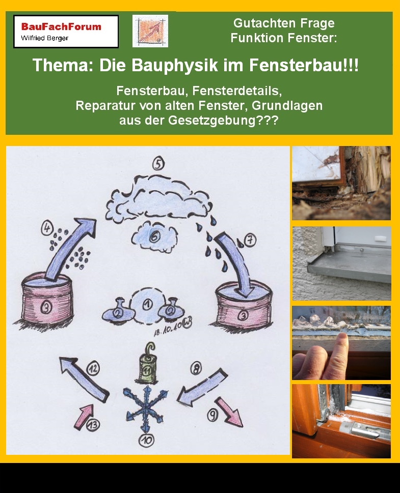 Hör- und Sehprobe Gutachten Frage Funktion Fenster.
Teil 3 unseres Gutachtens um Bauschäden zu vermeiden. 
Thema: Welche physikalischen Ansprüche im Fensterbau?
Um einmal die vorgenannten Ansprüche an die Natur in der Bauphysik zu verstehen, erkennen wir im Bild, wie sich im Winter auch im Innenbereich des Fensters durch Niederenergetischen Abstrahlungen Wasser bilden kann. Die Falze mit den Metall-Beschlägen, sind dabei die entscheidenden Schwachstellen. Dort bekommen wir dann gefrorene Falze. Das physikalische Grundprinzip dabei ist immer der Aggregatszustand, der von gasförmig, zu flüssig und dann zum Feststoff Eis gebildet wird. Danach das Fenster selber um diese Probleme zu vermeiden die natürlichen Energiequellen nutzen soll. Aber, gleichzeitig auch vor der Sonne beispielsweise den Wohnraum vor Überhitzung schützen muss. Und das ist eine High Tec Aufgabe des Fensters.
Begriffe zum Thema Bauphysik im Fensterbau:
Gutachten Frage Funktion Fenster, BOSIG, Fensterbau, Fenstereinbau, ift Rosenheim, Kondensat, Kondenswasser, RAL Montage Fenster, Raumklima, Fenstereinbau, Bodentiefe Fenster einbauen, Fenster abdichten, PU-Schaum, BauFachForum, Baulexikon Wilfried Berger.
Einfach das Bild anklicken und Ihr kommt auf passende Videos vom BauFachForum. Dazu verlässt Ihr das BauFachForum und Ihr kommt auf unseren YouTube-Kanal vom BauFachForum. Wenn euch die Shorts zusagen, könnt Ihr zum ausführlichen Thema weiterklicken.
Link zu: Das Thema Gutachten Frage Funktion Fenster
Im Short seht und hört Ihr: Die Grundlagen der Bauphysik an den Fensterbau. 

