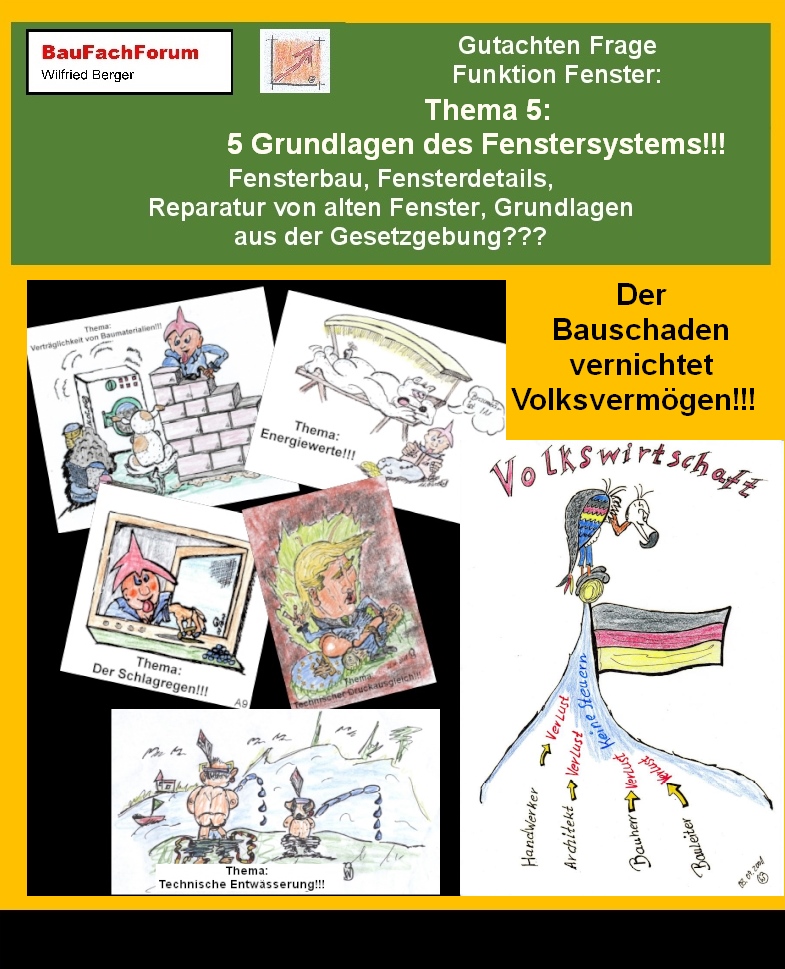 Hör- und Sehprobe Gutachten Frage Funktion Fenster.
Teil 5 unseres Gutachtens um Bauschäden zu vermeiden.
Thema: Teil 5: 5 Grundlagen an das Fenstersystem.
Lehrthemen aus dem Inhalt dieses Themas:
Teil 5.1: Verträglichkeit der Bauprodukte.
Der Fensterbau ist immer davon geprägt, dass das Fenster und die Einbaumaterialien keine Schäden an anderen Bauteilen verursachen.
Teil 5.2: Die Energiewerte.
Hier spricht der Sachverständige von schleichenden Schäden. Die Energiewerte werden von Woche zu Woche verringert und neue Schäden werden produziert.
Teil 5.3: Die Schlagregendichtheit.
Schlagregen darf bewusst in das Bauteil eindringen muss dort aber kontrolliert abgeführt werden.
Teil 5.4: Der Druckausgleich vom Fensterelement.
Ist der Druckausgleich geschädigt, läuft das Wasser nicht mehr ab. 
Teil 5.5: Die Systementwässerung.
Auch muss somit zwingend die Systementwässerung im Fenster funktionsfähig sein.
Begriffe zum Thema Fenstersystem:
Gutachten Frage Funktion Fenster, BOSIG, Fensterbau, Fenstereinbau, Kömmerling, Heroal, Gealan, Schüco, Salamander, Holz Aluminium, Contour, Holz Alu, BauFachForum, Baulexikon Wilfried Berger.
Einfach das Bild anklicken und Ihr kommt auf passende Videos vom BauFachForum. Dazu verlässt Ihr das BauFachForum und Ihr kommt auf unseren YouTube-Kanal vom BauFachForum. Wenn euch die Shorts zusagen, könnt Ihr zum ausführlichen Thema weiterklicken.
Link zu: Das Thema Gutachten Frage Funktion Fenster
Im Short seht Ihr: die einzelnen Details zum Thema.
