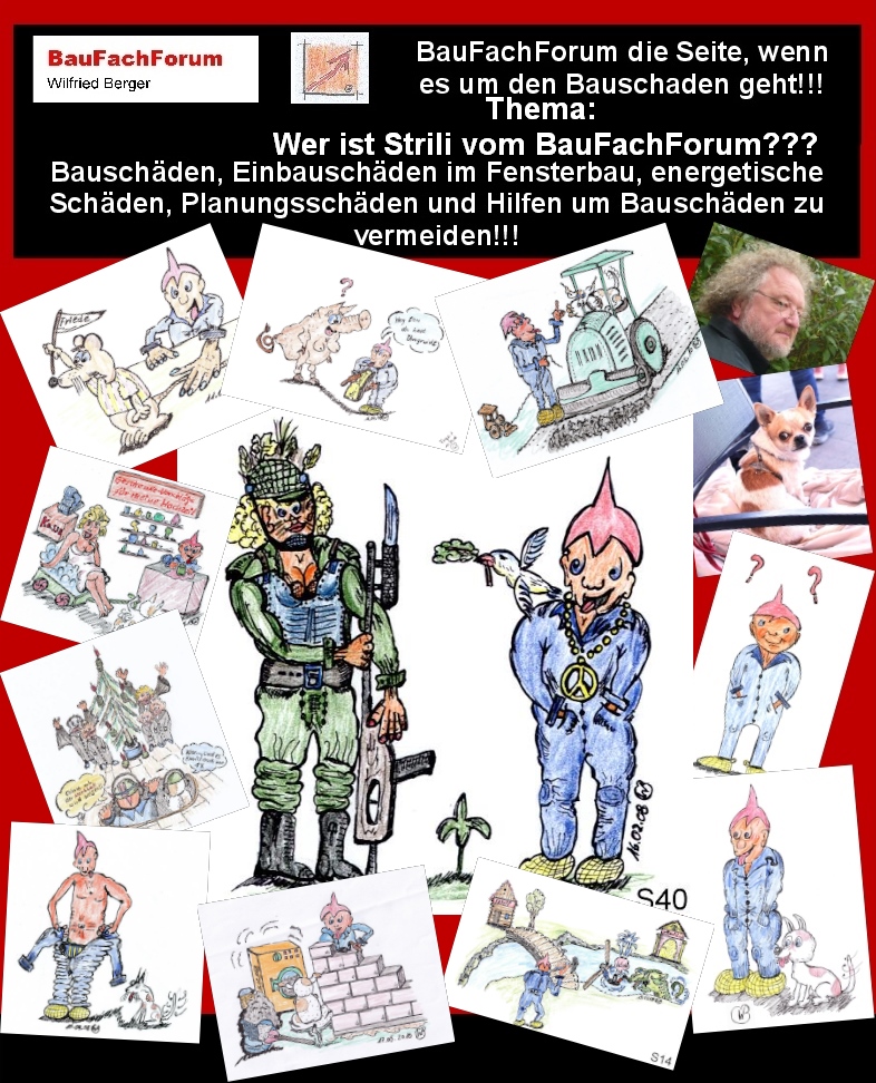 Hör – und Sehprobe BauFachForum die Seite des Bauschadens.
Thema: Wer ist Stirli vom BauFachForum?
Stirli vom BauFachForum ist eine Erfindung vom Comiczeichner Wilfried Berger, Sachverständiger vom BauFachForum. Er hat sich sein Freizeitspaß mit seiner Comic-Figur Stirli im BauFachForum als Comic-Zeichner zu einer Arbeitsgrundlage gemacht. Immer wenn dem Autor nur noch halsbrecherische Dinge einfallen, muss Stirli herhalten und aufzeigen, wie so etwas im täglichen Leben ausgehen und aussehen kann.
Also liebe Kinder!!!! Wenn Stirli auch oft lustige Situationen in Bildern aufzeigt, bitte, bitte nie nachmachen. Stirli verträgt auch harte Einsätze und ist am anderen Tag auch immer wieder fit. Damit ist er ein dankbarer Mitarbeiter für das BauFachForum ohne, dass er eine Gehalt verlangt und nach seinen waghalsigen Situationen auch nie krank ist! Also, liebe Kinder, nie nachmachen! Seit gespannt bis zum nächsten Teil.
Begriffe zum Thema Comic:
BauFachForum die Seite des Bauens, Marvel, Schule, gezeichnet, Micky Maus, Katze, Hund, Urlaub, Geburtstag, nicht lustig, Fußball, BauFachForum, Baulexikon Wilfried Berger.
Einfach das Bild anklicken und Ihr kommt auf passende Videos vom BauFachForum. Dazu verlässt Ihr das BauFachForum und Ihr kommt auf unseren YouTube-Kanal vom BauFachForum. Wenn euch ein Shorts zusagt, könnt Ihr zum ausführlichen Thema weiterklicken.
Erschöpfende Auskünfte findet Ihr in der Skandalzeitung vom BauFachForum Wilfried Berger.
Videoproduktion: BauFachForum, Baulexikon Wilfried Berger.
www.baufachforum.de
