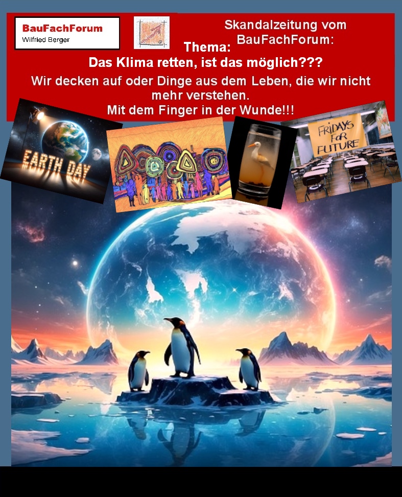 Hör – und Sehprobe BauFachForum Wir decken auf Skandalzeitung. 
Thema: Das Klima schützen ist das möglich?
Was die Menschheit immer verwechselt sind die Begriffe im Klimaschutz. Einmal das Klima zu schützen und einmal das Klima zu retten. Das sind zwei völlig andere Handlungen, die man immer wieder falsch ausdrückt und versteht. Das Klima retten, können wir nicht. Denn das Klima wird von der Erde selber bestimmt. Hier hängt alleine schon die Lage der Erde in der Neigung der Erdachse zusammen. Verändert sich diese nur minimal, wird die Erde eine andere werden. Daher ist auch der Begriff das Klima retten falsch ausgelegt. Wir können das Klima nur von Unrat und Belastungen befreien. Wir können aber nicht das Klima beeinflussen, solange wir das Klima akzeptieren und achten. Wenn aber, die Mächtigen der Welt mit Kriegen und allem vorn mit Atombomben spielen und diese einsetzen, kann die Erde natürlich aus dem Gleichgewicht gebracht werden. Diese Gefahr ist weit höher als die Umweltverschmutzung durch den Mensch. Bleibt gespannt auf den nächsten Teil. 
Begriffe zum Thema Klimaschutz:  
BauFachForum die Seite des Bauens, Klimaschutz, Umwelt, Logo, Clipart, Nachhaltigkeit, Schule, Deutschland, Diagramm. Hintergrund, Politik, BauFachForum, Baulexikon Wilfried Berger.
Einfach das Bild anklicken und Ihr kommt auf passende Videos vom BauFachForum.
Dazu verlässt Ihr das BauFachForum und Ihr kommt auf unseren YouTube-Kanal vom BauFachForum. Wenn euch ein Shorts zusagt, könnt Ihr zum ausführlichen Thema weiterklicken.
Erschöpfende Auskünfte findet Ihr unter der Skandalzeitung vom BauFachForum Wilfried Berger.
Videoproduktion: BauFachForum, Baulexikon Wilfried Berger.
www.baufachforum.de     
