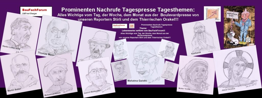 Lebenswerke vom BauFachForum verfilmt:
In dieser Rubrik wollen wir euch immer in 60 bis 90 Sekunden das Leben der Promis als Karikatur-Geschichte vorstellen. Das heißt, dass wir die Geschichten KI-Generiert, teilweise mit den eigenen Bilder-Karikaturen vom Autor Wilfried Berger zu laufen bringen werden. Was in dieser kurzen Zeit sehr schwierig wird. Also werden wir euch immer ca. 8-9 10 Sekundenfrequenzen zusammenführen, die das wichtigste aus dem Leben der Schauspieler beschreiben. Dieses Thema hat das BauFachForum sehr viel Aufwand gemacht. Allerdings, auch viel Freude. 
Wir haben euch dabei die Prominente alphabetisch untergliedert. Allerdings immer in Ihren Künstlernamen. Sodass nicht immer der Nachname an erster Stelle steht, sondern oftmals auch der Vorname an vorderster Stelle gelistet ist. Bei Brigitte Bardot ist dies beispielsweise egal. Bei Gene Hackmann allerdings ist dieser nicht unter H zu finden, sondern unter G. Also immer so gelistet, wie Ihr den Namen auch aus der Presse und dem Markenzeichen kennt.     
Begriffe zum Thema Weltstars: 
Prominenten Nachrufe Tagespresse Tagesthemen, Weltstars, Fußball, Stickdaten, Hildegart Knef, Deutsche Weltstars, Bundesliga, Antenne Brandenburg, Trumpf Stars, Weltstars weltweit, BauFachForum, Baulexikon Wilfried Berger.
Einfach das Bild anklicken und Ihr kommt auf passende Videos vom BauFachForum.
Dazu verlässt Ihr das BauFachForum und Ihr kommt auf unseren YouTube-Kanal vom BauFachForum. Wenn euch ein Shorts zusagt, könnt Ihr zum ausführlichen Thema weiterklicken.
Erschöpfende Auskünfte findet Ihr unter dem Produkte-Test vom BauFachForum Wilfried Berger.
Videoproduktion: BauFachForum, Baulexikon Wilfried Berger.
www.baufachforum.de     

