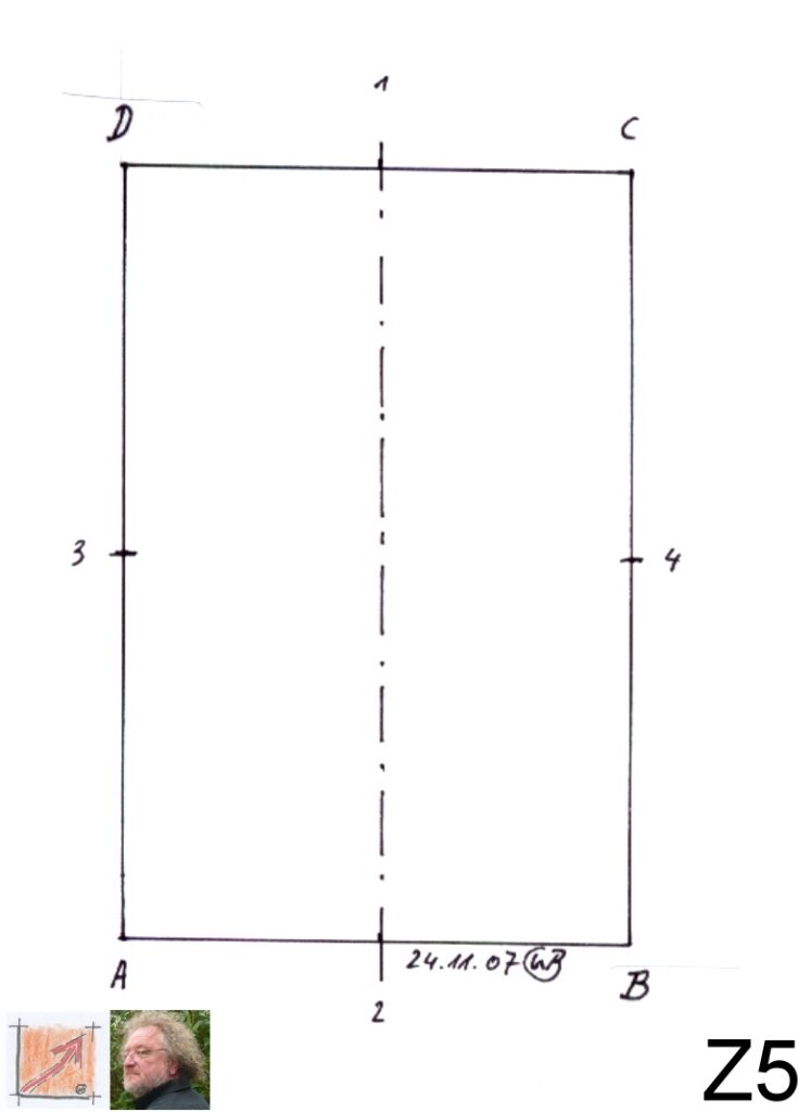 Geometrische Grundkonstruktion des Erbacher Kreuzes: Festlegung von senkrechtem und waagerechtem Holm.