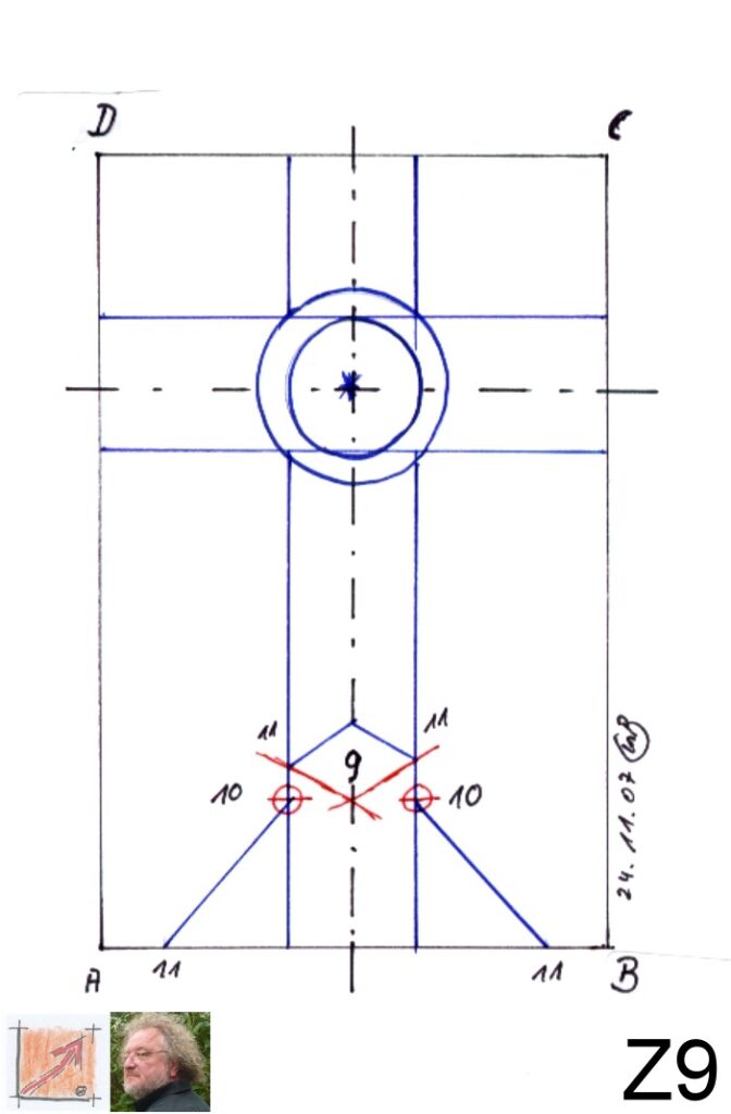 Finalisierung des Erbacher Kreuzes: Abtragen der Schrägen und Vollendung der Ornament-Geometrie.