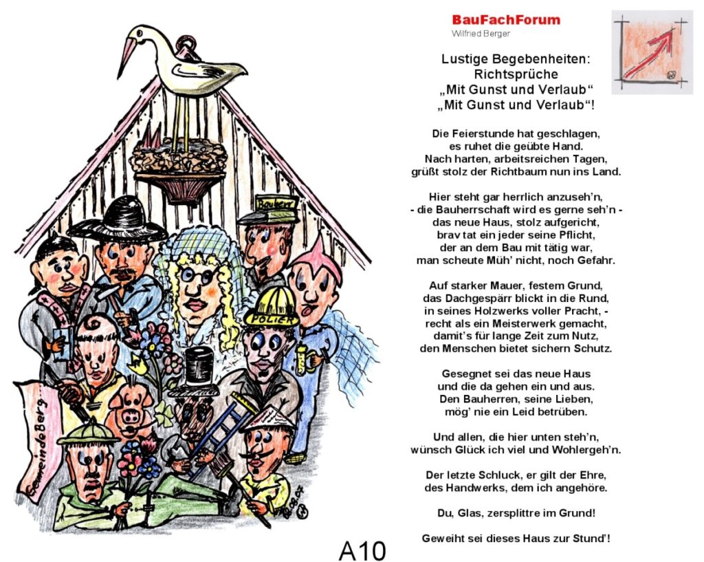 Comic-Zeichnung von Wilfried Berger: Bauherren und Handwerker feiern das Richtfest als Symbol der Handwerkstradition.