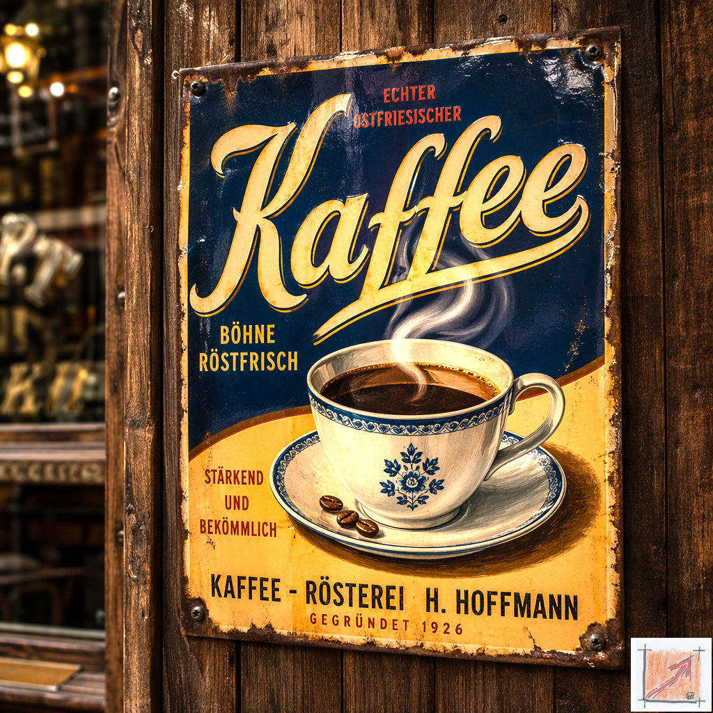 Ein nostalgisches Emaille Reklameschild für traditionellen Bohnenkaffee an einer hölzernen Ladenfront als Sinnbild für den wiederkehrenden Wohlstand und Genuss im Alltag der Nachkriegszeit.