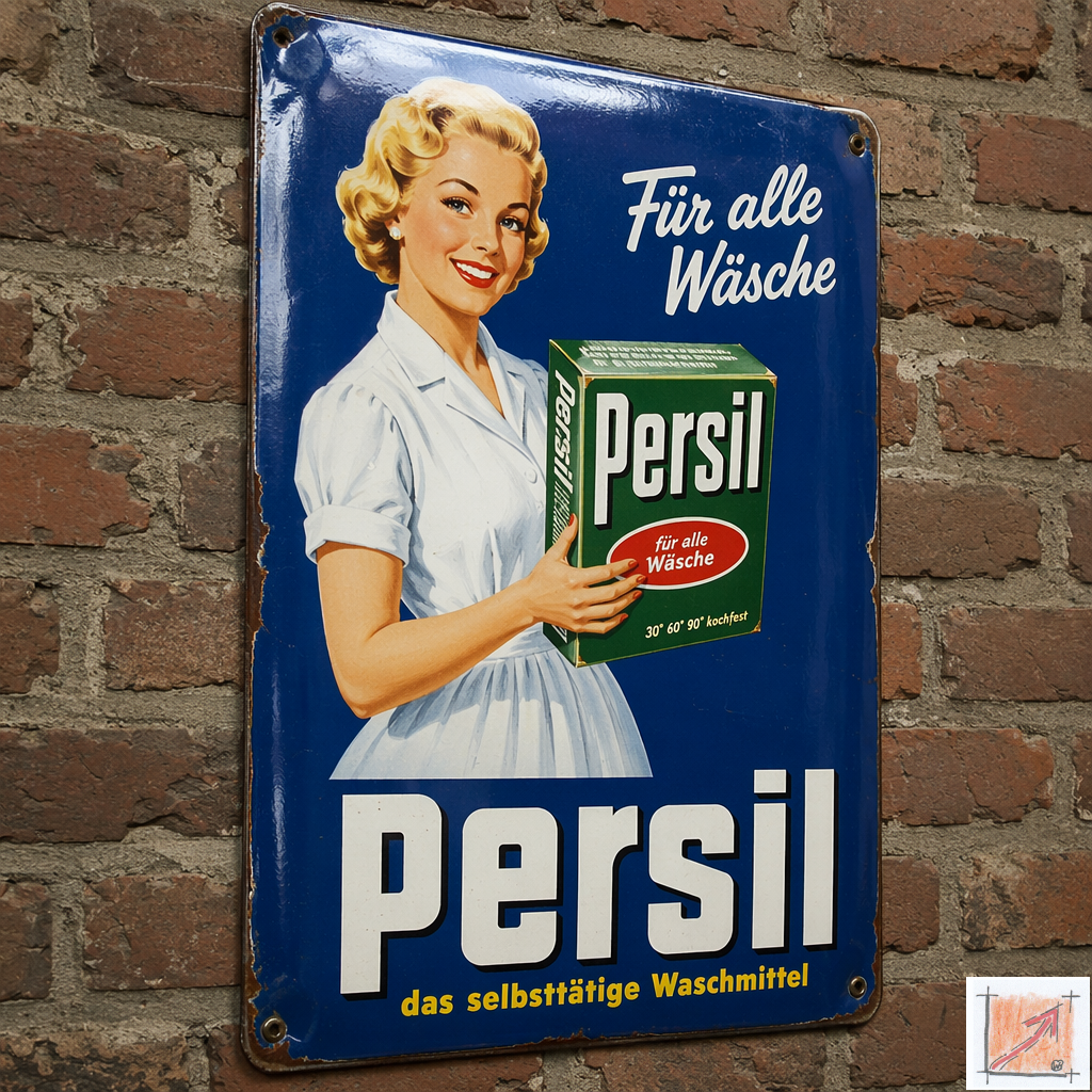 Ein glänzendes historisches Emaille Werbeschild für Persil Waschmittel an einer alten Backsteinwand als Symbol für den beginnenden Konsumboom und den Qualitätsanspruch in den Wirtschaftswunderjahren.