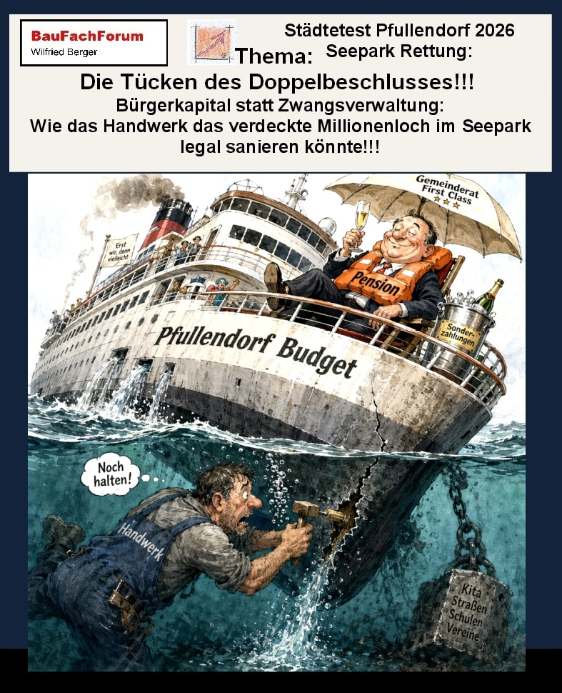 Der Comic zeigt das sinkende Schiff von Pfullendorf. Die stadtverwaltung sucht mit den Gemeinderäten verzweifelt nach Sparmaßnahmen um die Millionenverluste einzusparen.
