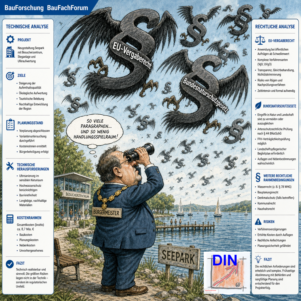 Politische Karikatur über Bürgermeister Ralph Gerster am Seepark unter einem Himmel aus EU- und Bundes-Paragrafen, gerahmt von den rechtlichen Analysetexten zur Blockade des Erprobungsgesetzes. BauForschung BauFachForum. Das Bild ist KI generiert!