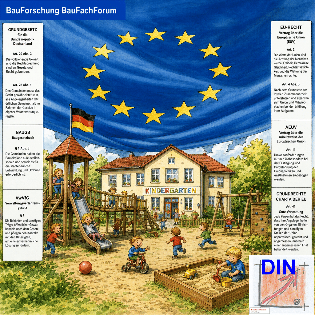Politische Karikatur über die europäische Normenhoheit im Kindergarten und auf dem Spielplatz im Vergleich zu baden-württembergischen Richtlinien, gerahmt von rechtlichen Analysetexten. BauForschung BauFachForum. Das Bild ist KI generiert!