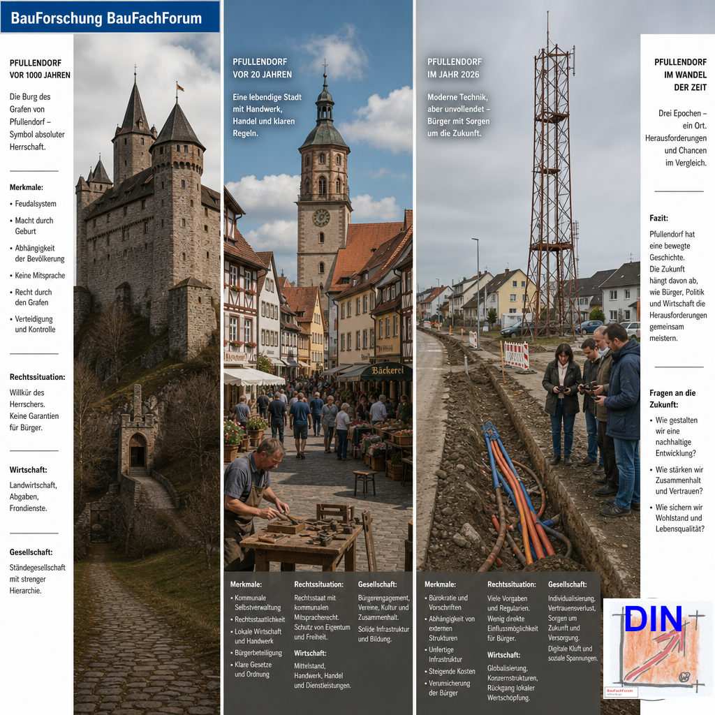 Dreigeteilte historische Analyse der Daseinsvorsorge in Pfullendorf von der Monarchie über die funktionierende Verwaltung bis zum modernen Infrastruktur- und Haushaltskollaps 2026. BauForschung BauFachForum. Das Bild ist KI generiert!