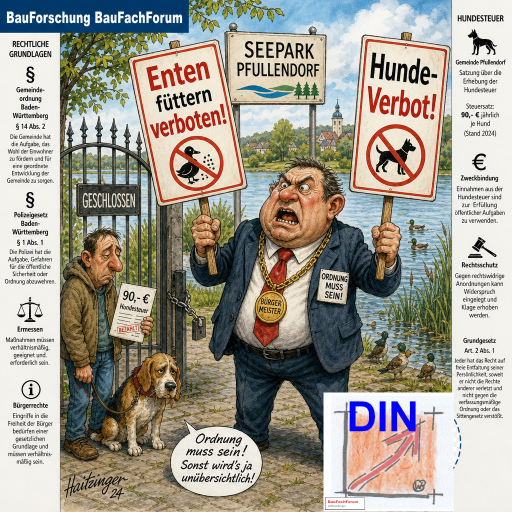 Politische Karikatur über das Hundeverbot im Seepark Pfullendorf trotz erhobener Hundesteuer von 90 Euro, gerahmt von den rechtlichen Analysetexten zum Grundgesetz und der Gemeindeordnung. BauForschung BauFachForum. Das Bild ist KI generiert!
