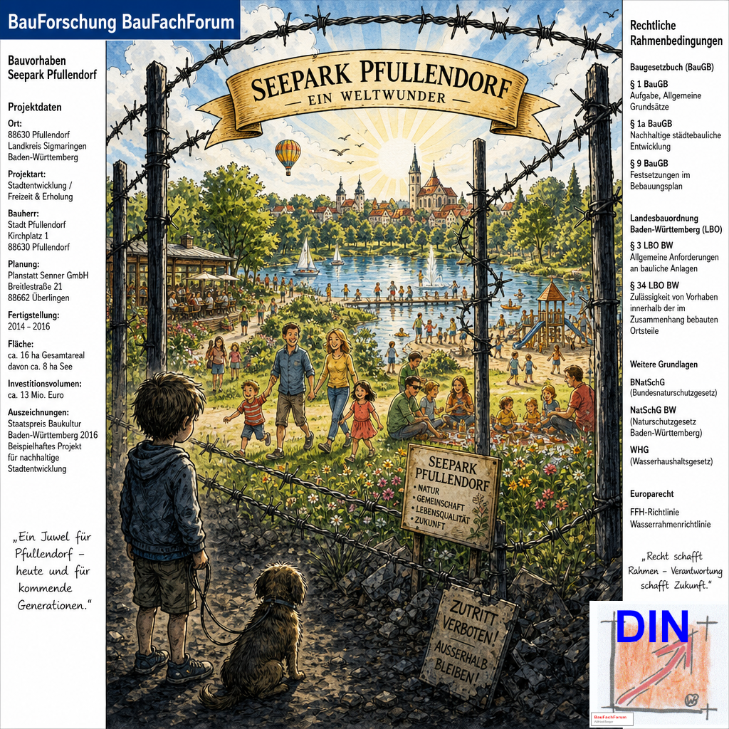 Politische Karikatur über die soziale Ausgrenzung von Familien und Hunden am Seepark Pfullendorf durch einen Stacheldrahtzaun, gerahmt von den rechtlichen Analysetexten zum Eigentumsrecht nach dem Grundgesetz. BauForschung BauFachForum. Das Bild ist KI generiert!