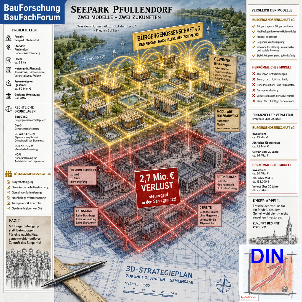 Baufachliche Matrix-Analyse des Seeparks Pfullendorf: Das genossenschaftliche Gegenmodell zur Schließung des Millionen-Defizits im direkten Kontrast zur brachliegenden Mangelverwaltung. BauForschung BauFachForum. Das Bild ist KI generiert!