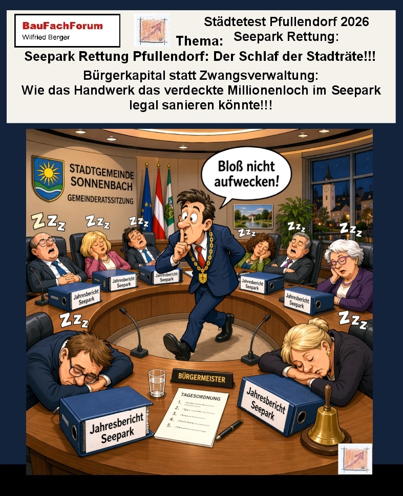 Das Comic zeigt zum Thema: Der Schlaf der Stadträte, dass dem Bürgermeister immer wichtig ist, die Stadträte nicht zu informieren um eigenmächtig zu agieren. Daher wird die Vergabe des Seeparks auch hinter verschlossenen Türen abgewickelt.