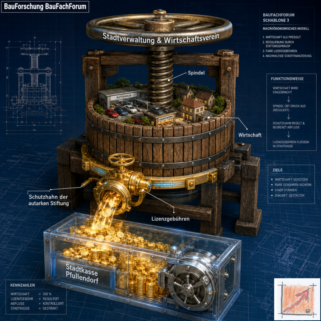 Wissenschaftliche Start-Infografik der BauForschung BauFachForum zur Phase 4 mit dem Gleichnis der Weinpresse und dem stiftungsseitigen Schutzhahn für faire Lizenzgebühren.
Bild: Das Anschauungsbild wurde mit der KI gefertigt.
BauFachForum, Baulexikon Wilfried Berger