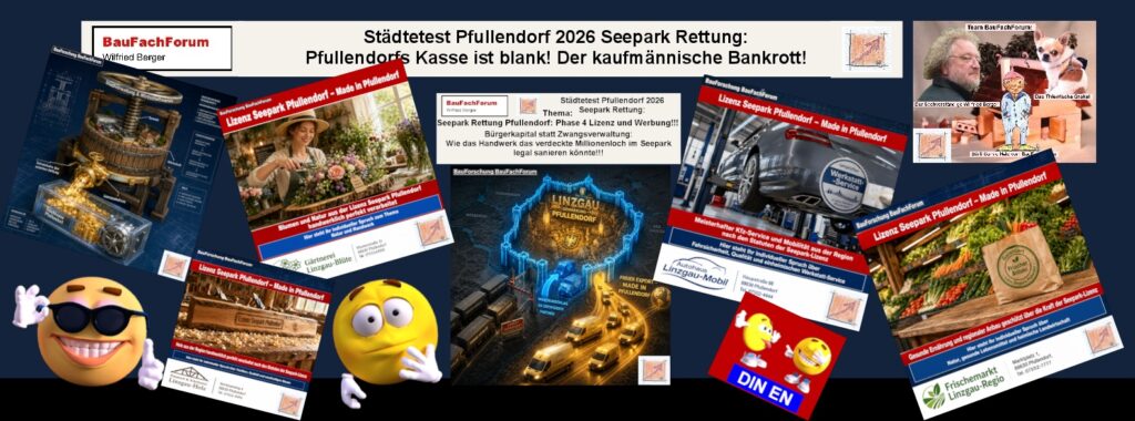 Das Bild zeigt, wie die Firmen gemeinschaftlich an der kostenfreien Werbung beteiligen und wie das Weltendorf Seepark Pfullendorf zu einer Wirtschaftsmacht verschmelzen. BauForschung BauFachForum, Baulexikon Wilfried Berger