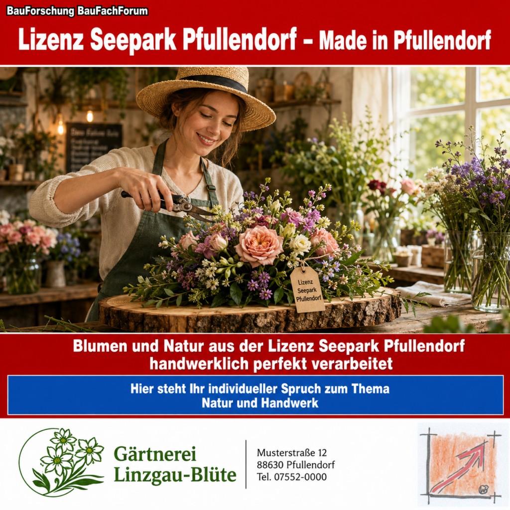 Wissenschaftliche Werbeplakat-Schablone der BauForschung BauFachForum nach Schablone 3 für floristische Lizenznehmer mit dem Herkunftssiegel Made in Pfullendorf.
Bild: Das Anschauungsbild wurde mit der KI gefertigt.
BauFachForum, Baulexikon Wilfried Berger