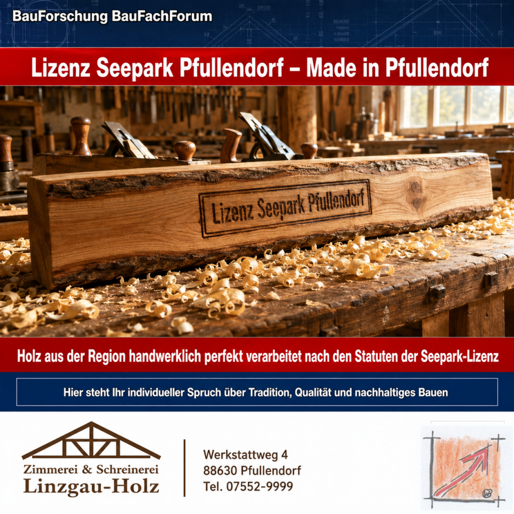 Wissenschaftliche Werbeplakat-Schablone der BauForschung BauFachForum nach Schablone 3 für das Schreiner- und Zimmererhandwerk mit dem Herkunftssiegel Made in Pfullendorf.
Bild: Das Anschauungsbild wurde mit der KI gefertigt.
BauFachForum, Baulexikon Wilfried Berger