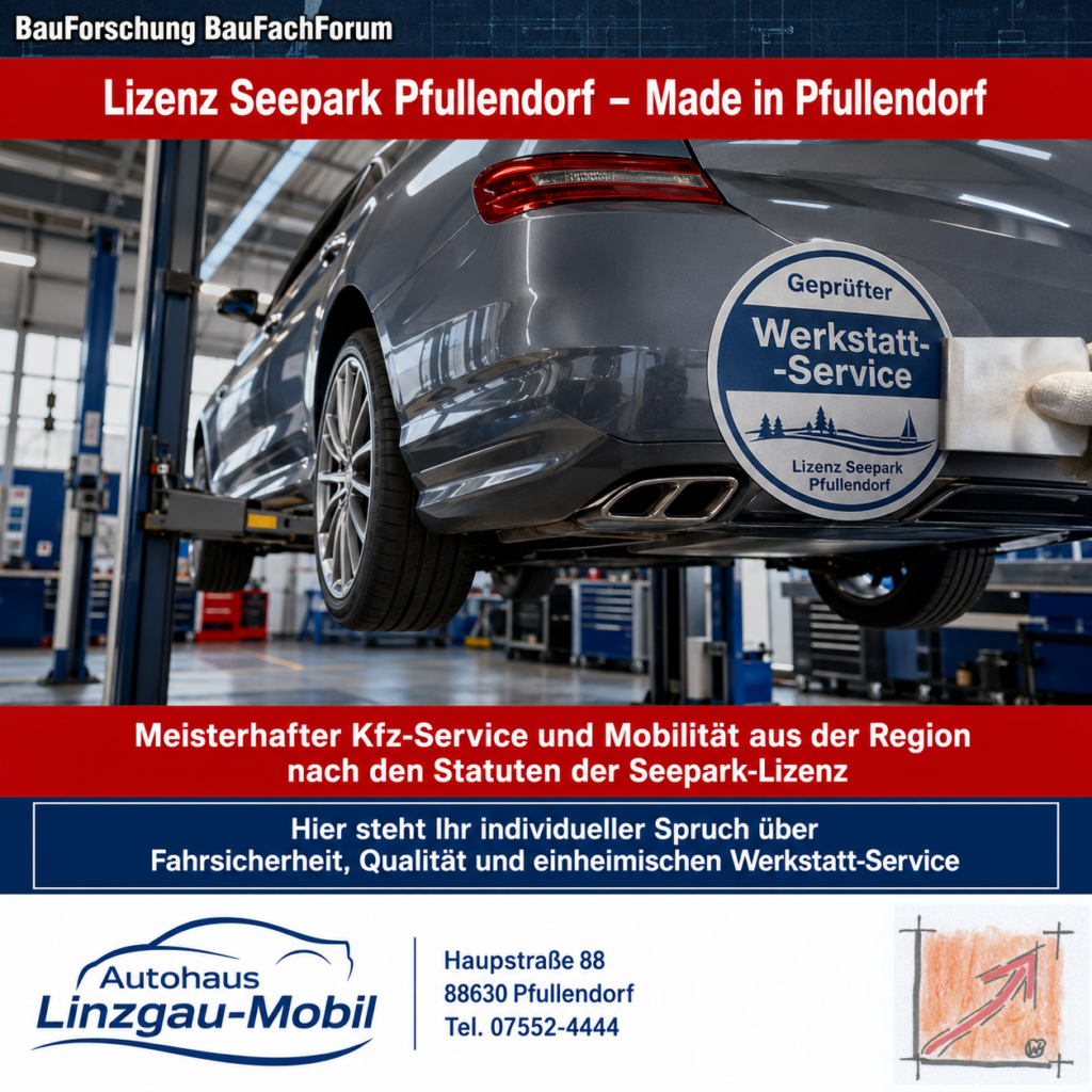 Wissenschaftliche Werbeplakat-Schablone der BauForschung BauFachForum nach Schablone 3 für Kfz-Betriebe und Autohäuser mit dem Herkunftssiegel Made in Pfullendorf.
Bild: Das Anschauungsbild wurde mit der KI gefertigt.
BauFachForum, Baulexikon Wilfried Berger
