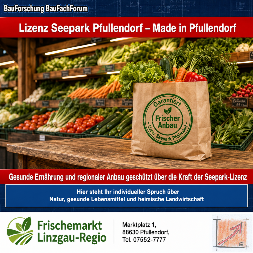 Wissenschaftliche Werbeplakat-Schablone der BauForschung BauFachForum nach Schablone 3 für den Handel und Marktstände mit dem Herkunftssiegel Made in Pfullendor.
Bild: Das Anschauungsbild wurde mit der KI gefertigt.
BauFachForum, Baulexikon Wilfried Berger
