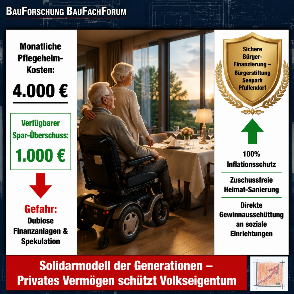 Wissenschaftliche Infografik der BauForschung BauFachForum nach Schablone 3 zum Generationen-Solidarmodell mit der Rentner-Finanzierungsrechnung für den Seepark Pfullendorf.
Bild: Das Anschauungsbild wurde mit der KI gefertigt.