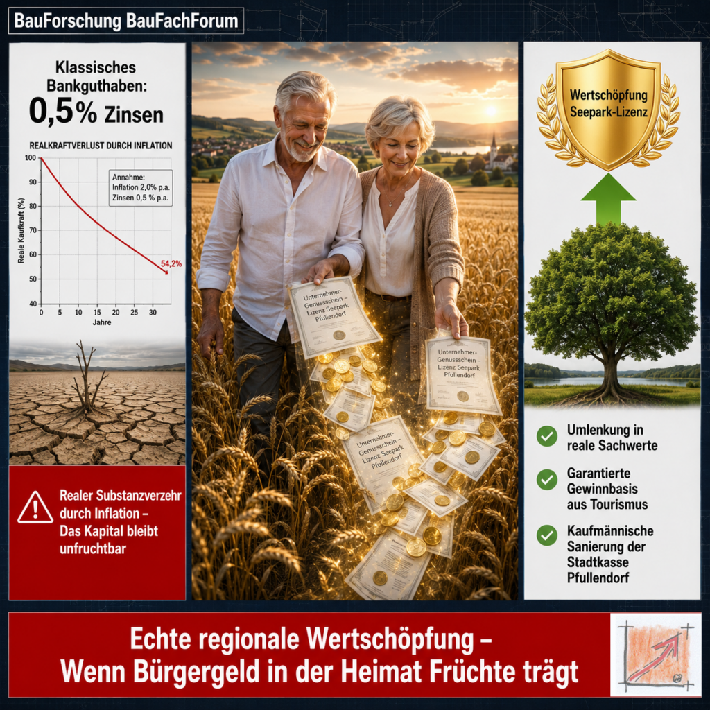 Wissenschaftliche Infografik der BauForschung BauFachForum nach Schablone 3 zum Gleichnis des Weizenfeldes für die Erntedividende der Seepark-Lizenz Pfullendorf.
Bild: Das Anschauungsbild wurde mit der KI gefertigt.