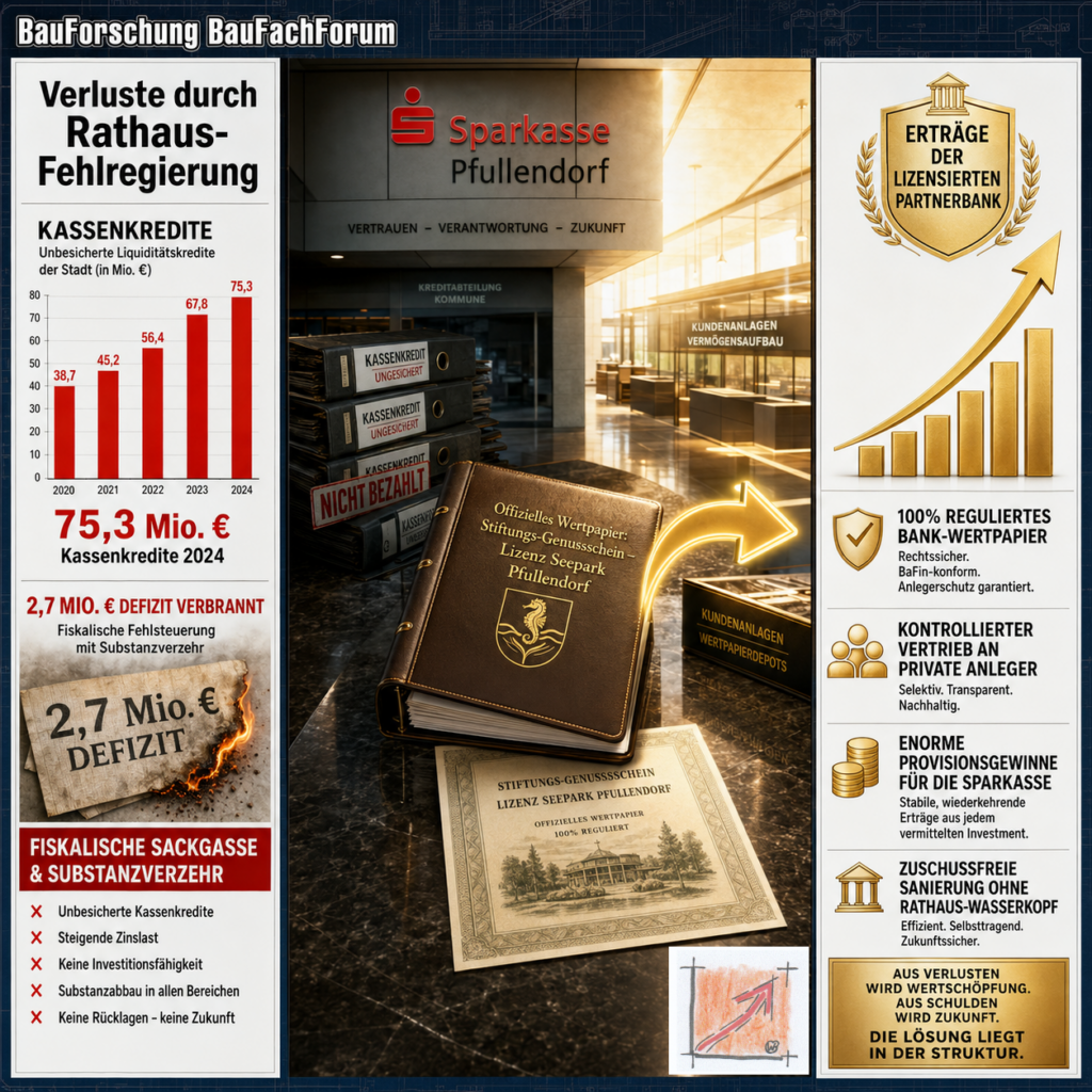 Wissenschaftliche Infografik der BauForschung BauFachForum nach Schablone 3 zur Eingliederung der Sparkasse Pfullendorf über Stiftungs-Genussscheine.
Bild: Das Anschauungsbild wurde mit der KI gefertigt.