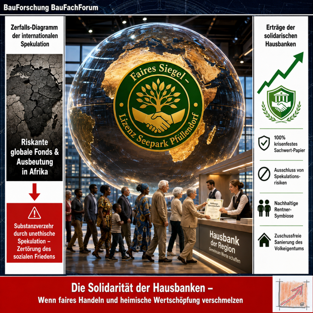 Wissenschaftliche Infografik der BauForschung BauFachForum nach Schablone 3 zum Fairen Siegel der Seepark-Lizenz gegen globale Ausbeutung und für Stiftungs-Genussscheine.
Bild: Das Anschauungsbild wurde mit der KI gefertigt.