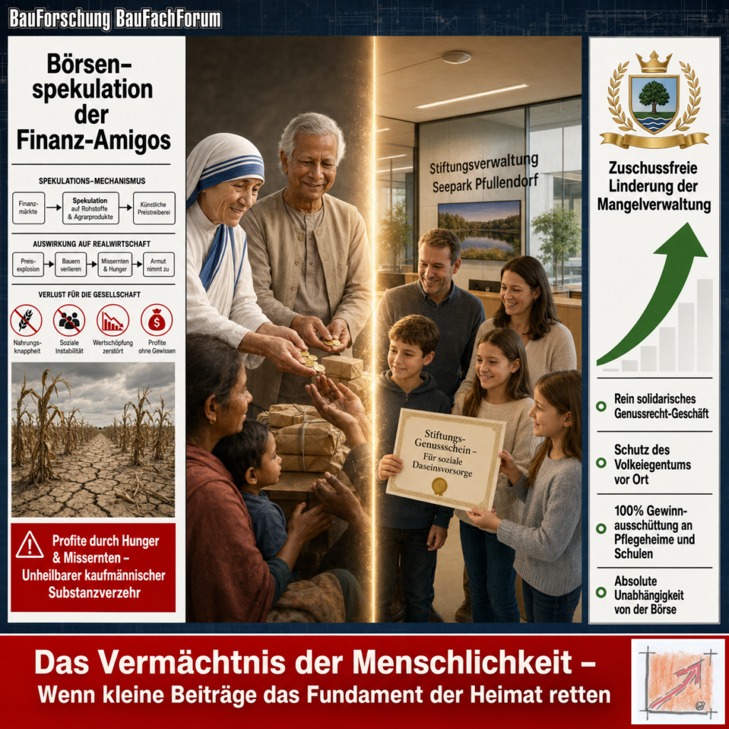 Wissenschaftliche Infografik der BauForschung BauFachForum nach Schablone 3 zum stiftungsseitigen Genussrecht-Geschäft im Geiste von Mutter Teresa und Muhammad Yunus.
Bild: Das Anschauungsbild wurde mit der KI gefertigt.