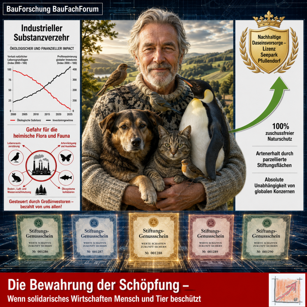 Wissenschaftliche Infografik der BauForschung BauFachForum nach Schablone 3 mit dem Porträt des Autors Wilfried Berger im Schweden-Pullover zum Schutz der Tierwelt durch Stiftungs-Genussscheine.
Bild: Das Anschauungsbild wurde mit der KI gefertigt.