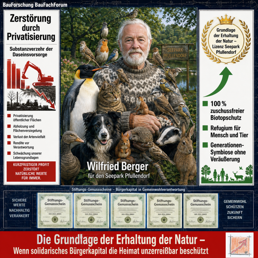 Wissenschaftliche Infografik der BauForschung BauFachForum nach Schablone 3 mit dem authentischen Porträt des Autors Wilfried Berger zur Erhaltung der Natur und Tierwelt durch Stiftungs-Genussscheine.
Das Bild ist KI generiert.
