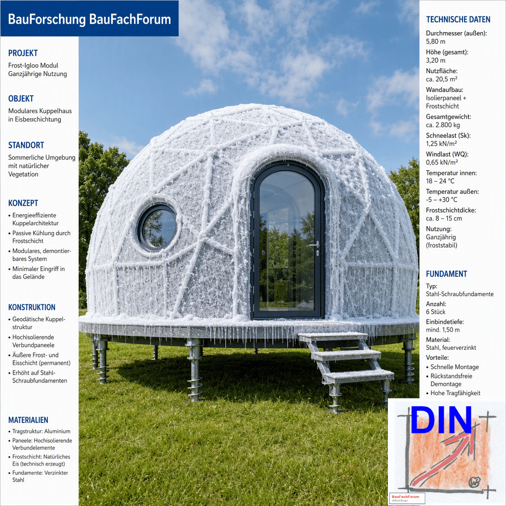 Bauphysikalische Dokumentation des Sommer-Iglus mit solareisgekühltem Rohrregister auf Schraubfundamenten im Weltendorf Seepark Pfullendorf, flankiert von den thermodynamischen Analysedaten. BauForschung BauFachForum.
Bild: Das Anschauungsbild wurde mit der KI gefertigt.