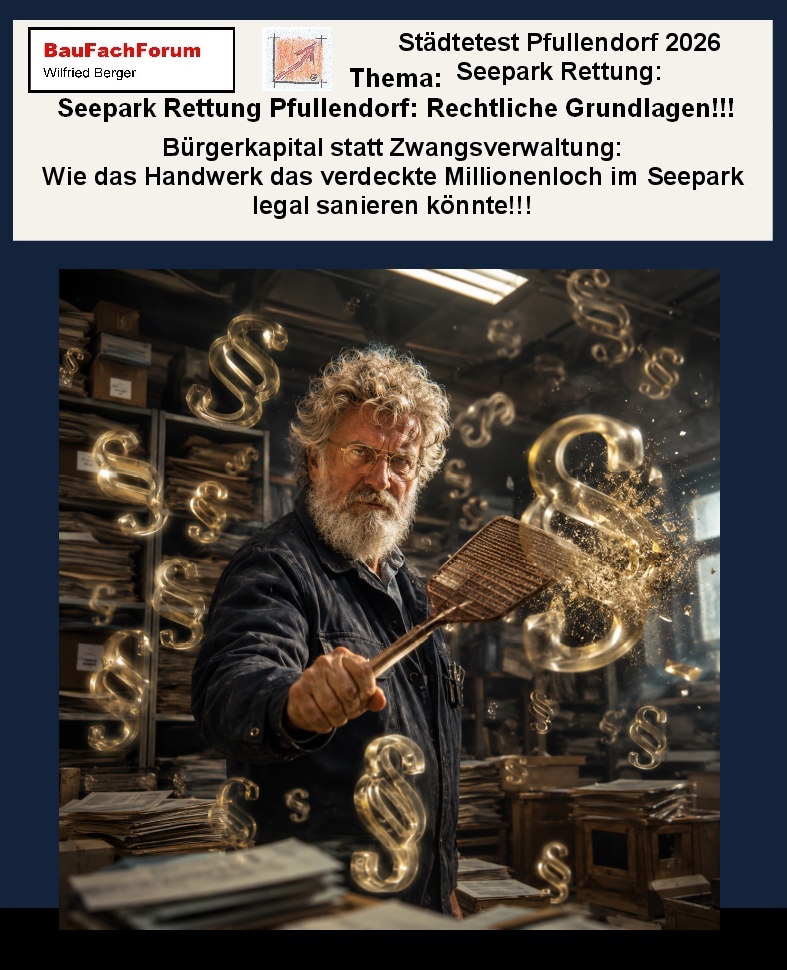Baufachliche Satire-Illustration der Phase 1 rechtliche Grundlagen über das Zerschlagen bürokratischer Baublockaden durch den Bausachverständigen Wilfried Berger für das Seepark-Projekt Pfullendorf. BauForschung BauFachForum, Baulexikon Wilfried Berger.