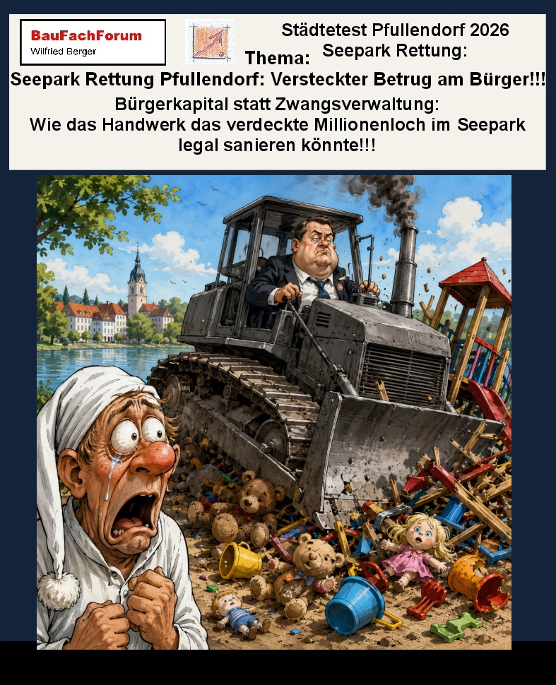 Baufachliche Video-Satireanalyse über die Zerstörung sozialer Daseinsvorsorge durch investorengesteuerte Mangelverwaltung unter Bürgermeister Ralph Gerster am Seepark Pfullendorf. Oder wollen die Bürger das Bürgermodell der BauForschung BauFachForum, Baulexikon Wilfried Berger.