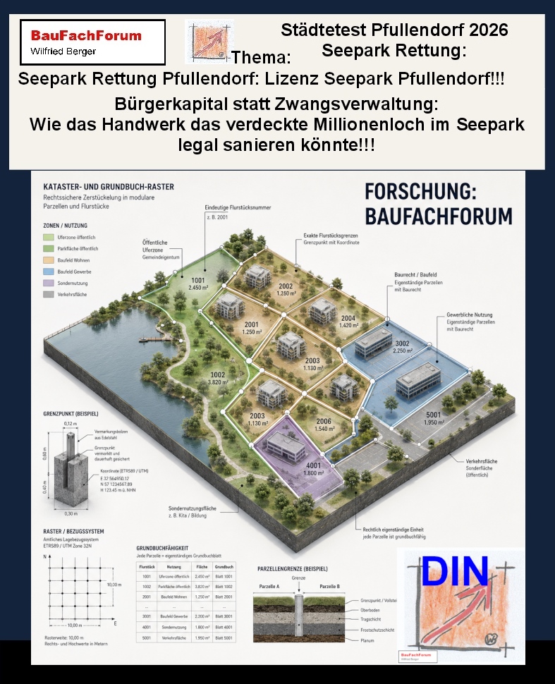Baufachliche Katasteranalyse der Phase 6 über das modulare Grundbuch-Raster zur rechtssicheren Parzellierung im Seepark Pfullendorf. BauForschung BauFachForum, Baulexikon Wilfried Berger.