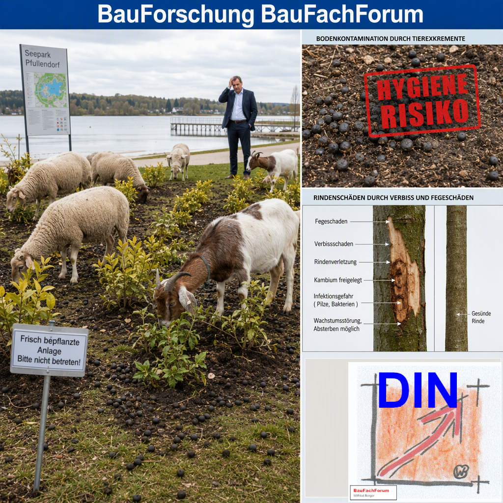 Baufachliche Schadensanalyse über die hygienischen und materiellen Gefahren durch Ziegen und Schafe im Seepark Pfullendorf, gerahmt von technischen Dokumentationsgrafiken zum Substanzverzehr. BauForschung BauFachForum.
Bild: Das Anschauungsbild wurde mit der KI gefertigt.