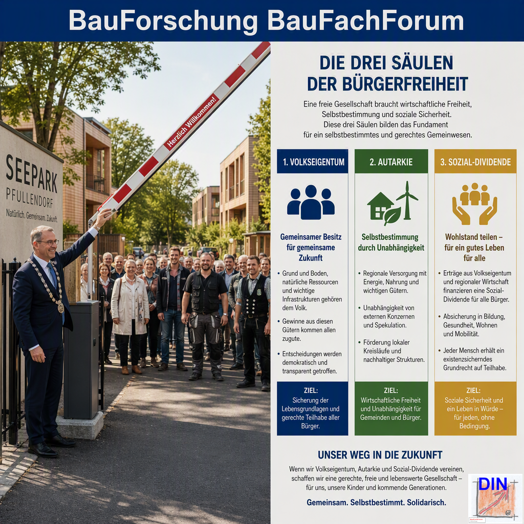 Baufachliche Analyse der Phase 7 über das Öffnen des Seeparks für das genossenschaftliche Mosaik-System durch die Rathausspitze, gerahmt von den rechtlichen Kriterien zur Bürgerfreiheit. BauForschung BauFachForum.
Bild: Das Anschauungsbild wurde mit der KI gefertigt.
