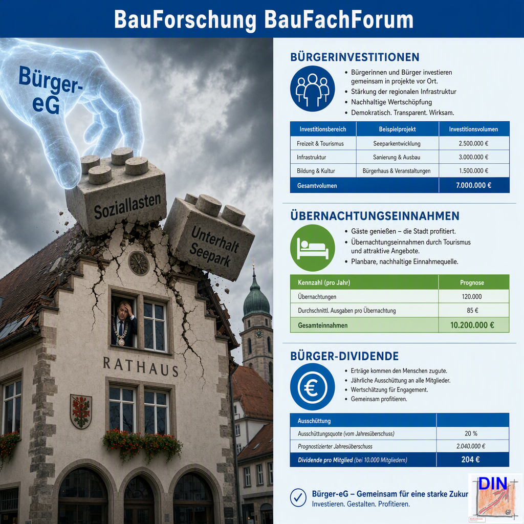 Baufachliche Analyse der Phase 7 über die Entlastung des Pfullendorfer Rathauses von den Soziallasten durch die helfende Hand der Bürgergenossenschaft, gerahmt von ökonomischen Ertragsdaten. BauForschung BauFachForum.
Bild: Das Anschauungsbild wurde mit der KI gefertigt.
