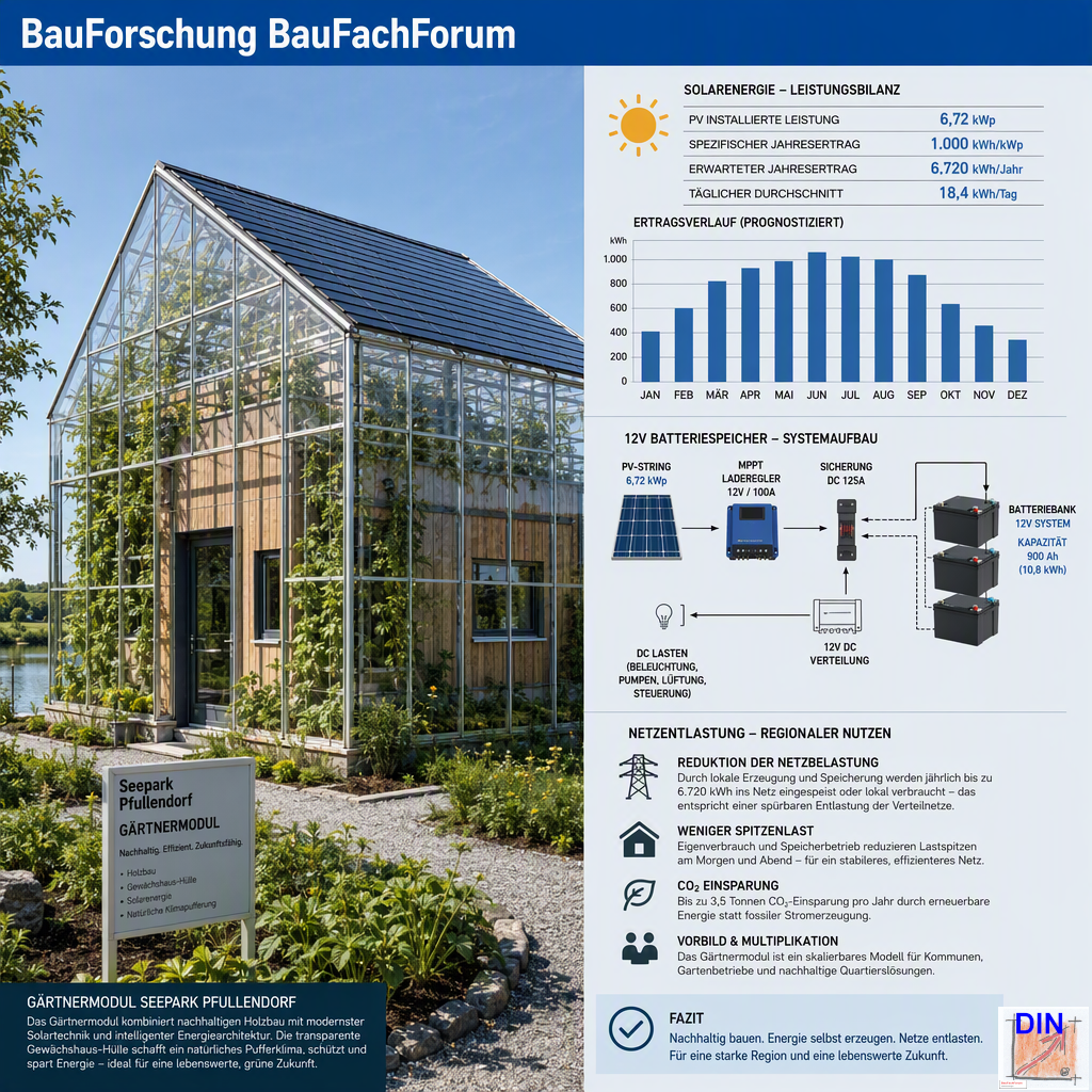 Baufachliche Konstruktionsanalyse der Phase 7 über das autarke Passiv-Glashaus-Modul mit 12V-Solarmatrix zur Entlastung des kommunalen Stromnetzes, gerahmt von thermodynamischen Daten. BauForschung BauFachForum.
Bild: Das Anschauungsbild wurde mit der KI gefertigt.