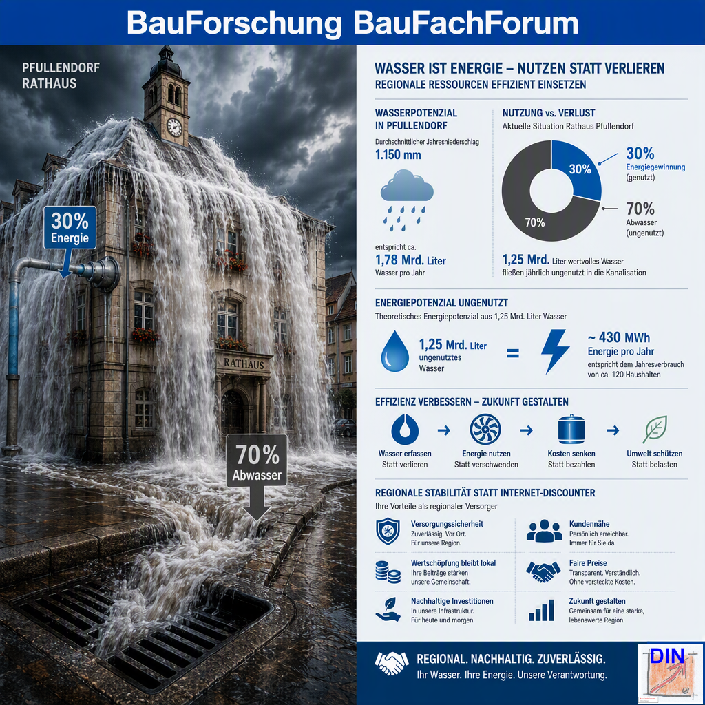 Baufachliche Effizienzanalyse der Phase 7 über die Verschwendung von Oberflächenwasser-Energie am Pfullendorfer Rathaus im Kontrast zur regionalen genossenschaftlichen Kundenbindung. BauForschung BauFachForum.
Bild: Das Anschauungsbild wurde mit der KI gefertigt.