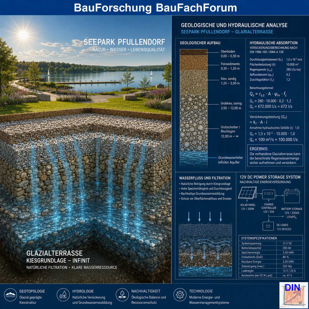 Geologische und hydrologische Strukturanalyse der Phase 7 über die eiszeitliche Glazialterrasse des Seeparks Pfullendorf im Kontrast zu lehmbasierten Endmoränen, gerahmt von baufachlichen Daten. BauForschung BauFachForum.
Bild: Das Anschauungsbild wurde mit der KI gefertigt.