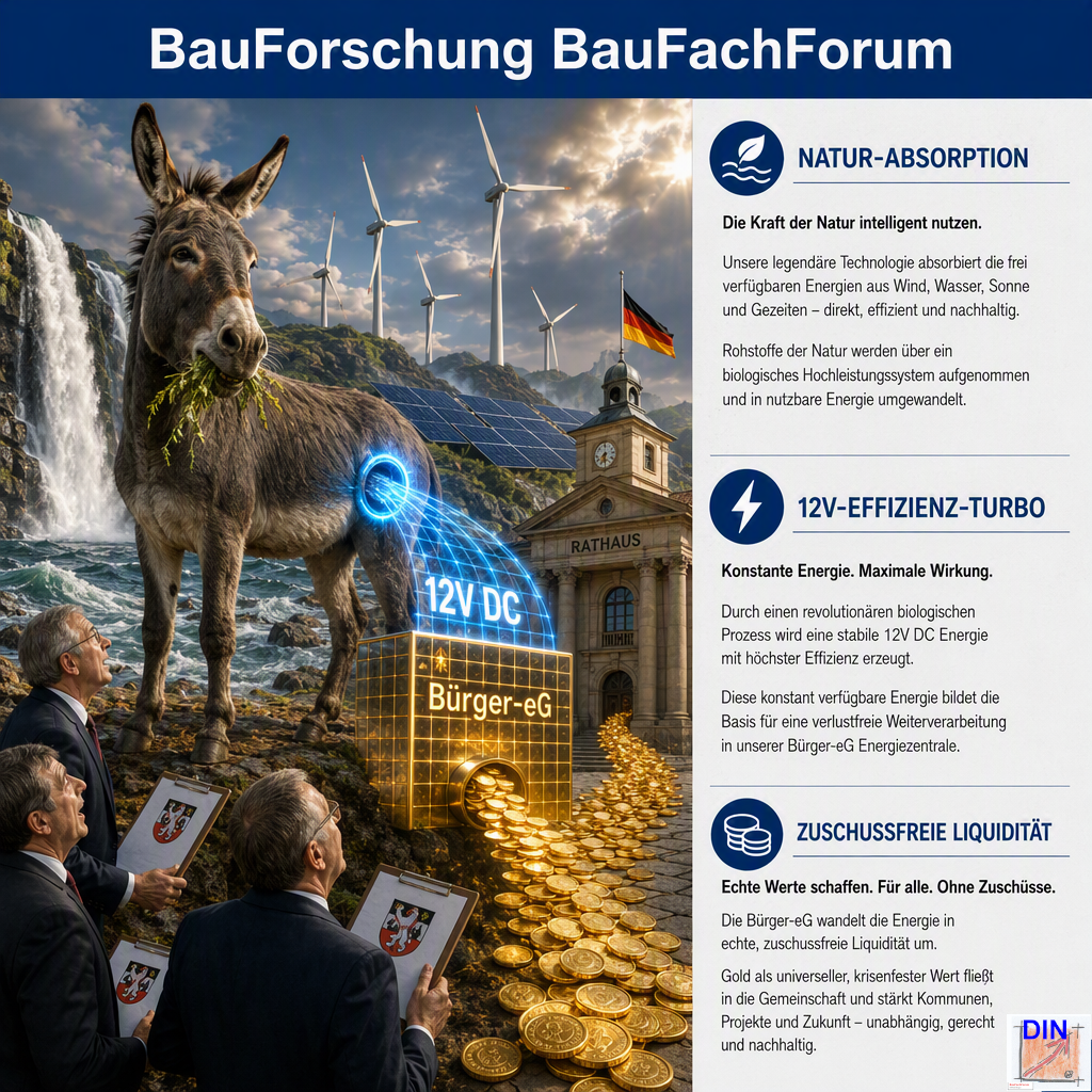 Baufachliche Systemanalyse der Phase 7 über die genossenschaftliche Wandlung von Natur- und 12V-Energie in zuschussfreie Finanzmittel zur Haushaltskonsolidierung, gerahmt von rechtlichen Strukturdaten. BauForschung BauFachForum.